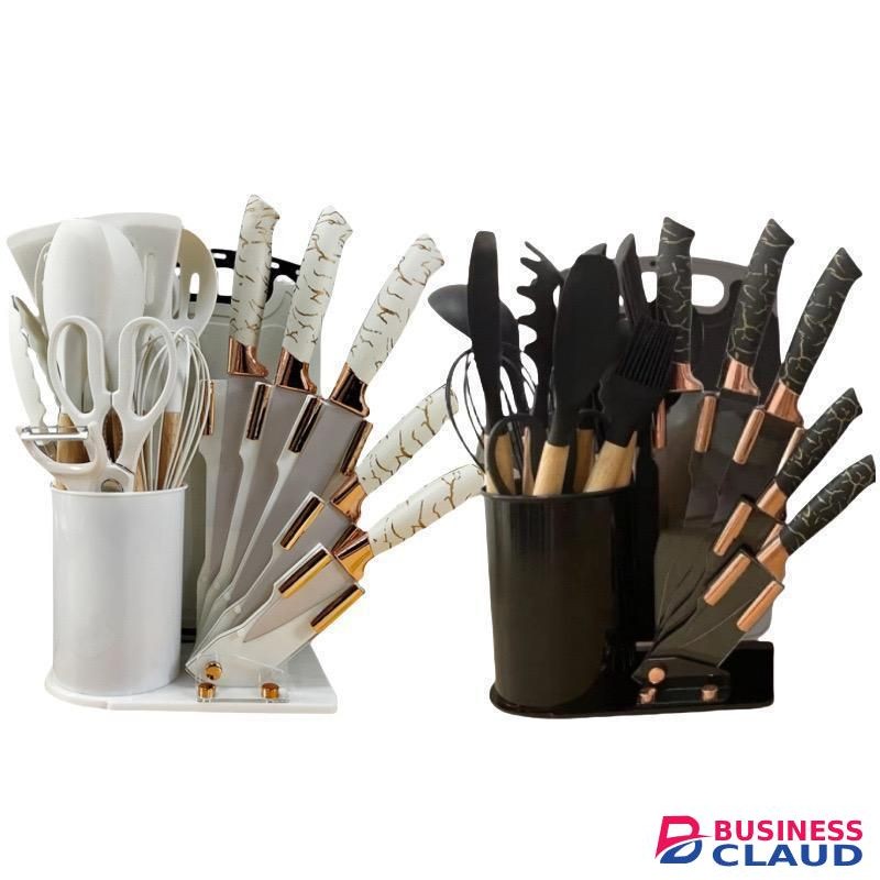 19pcs MARBLE heat resistant silicone cooking kitchen spoon set with knives and chop board