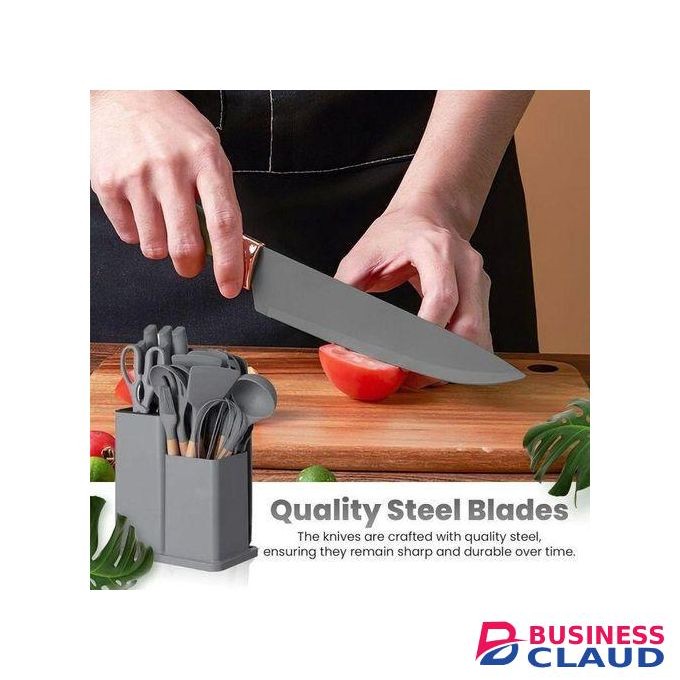 19 Pieces Kitchen Utensils And Knife Set With Block, With 9 Piece Silicone Cooking Utensils Set 5 Piece Sharp Stainless Steel Chef Knife Scissors Whisk Tongs And Cutting Board
