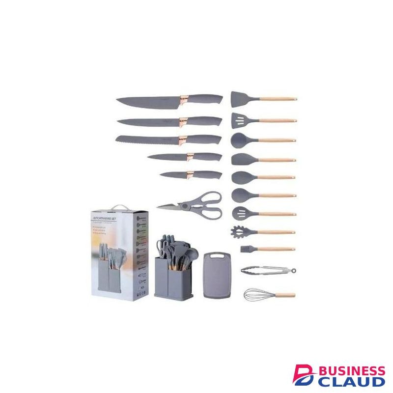 19 Pcs Silicon Cooking Set With Wooden Handle Knife Set With Chopping Board