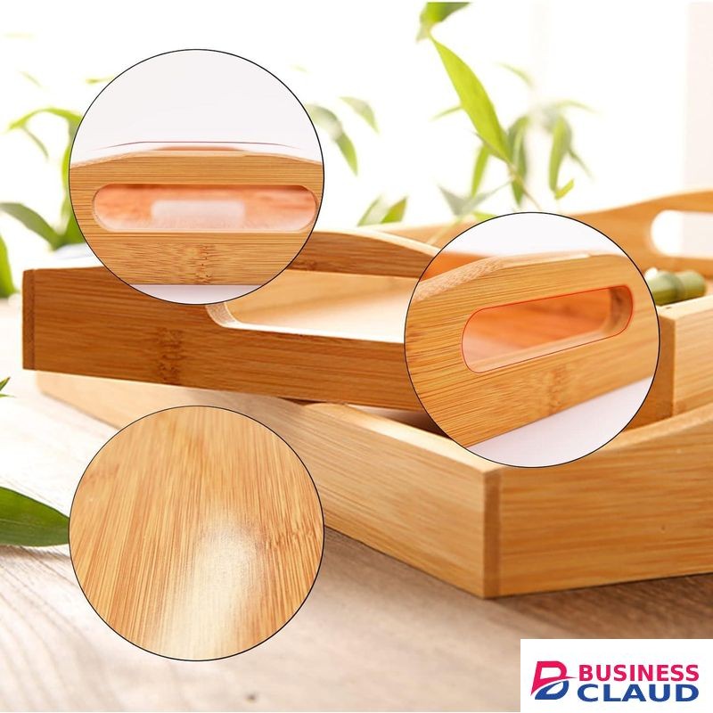 Set of 3 Bamboo Serving Tray with Handles, Rectangular Wooden Tray,Coffee Table Tray for Serving Food, Coffee, Pastries, Snacks, Mini Bars, Chocolate, Dinner Décor