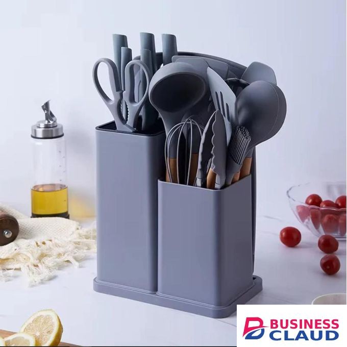 19 PCS Silicon Kitchen Set of Cooking Spoons Knife Set And Chopping Board - Grey