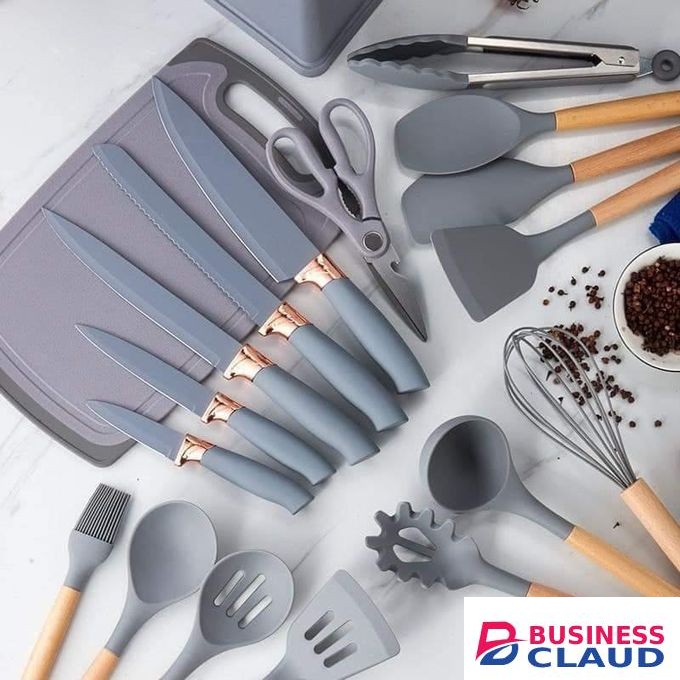 19 PCS Silicon Kitchen Set of Cooking Spoons Knife Set And Chopping Board - Grey