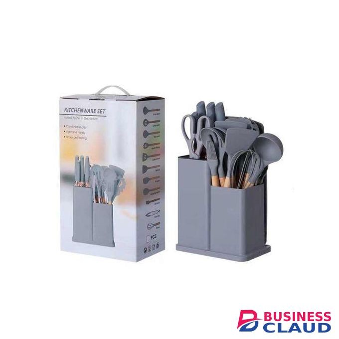 19 Piece Wooden Handle Silicone Cooking Utensils Crockery Kitchenware Set with Knives and Chopping Board Stand
