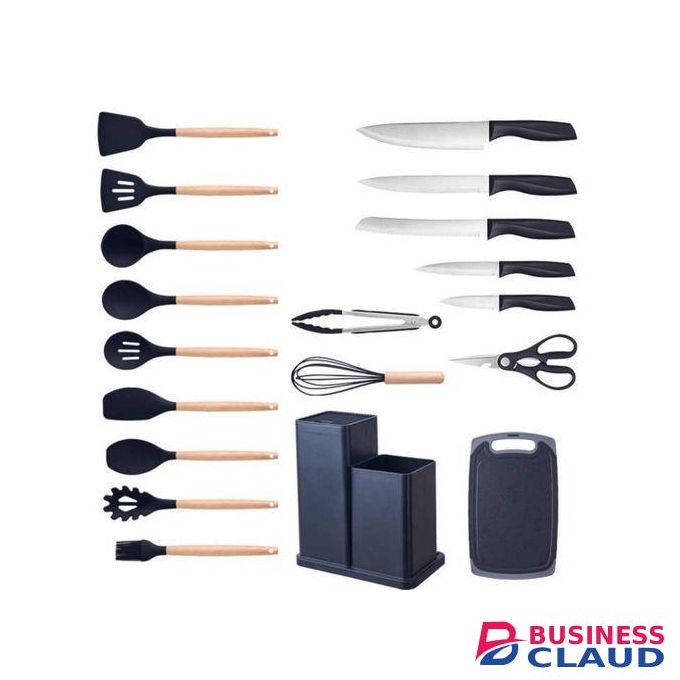 19 Piece Wooden Handle Silicone Cooking Utensils Crockery Kitchenware Set with Knives and Chopping Board Stand