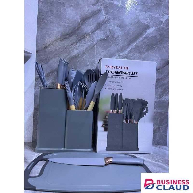 19PCS Heat Resistant Silicone Cooking Kitchenware Set with Knives and Chop Board – Complete Kitchen Utensil Set for Home Cooking, Non-Stick, Heat Safe, Durable, Easy to Clean