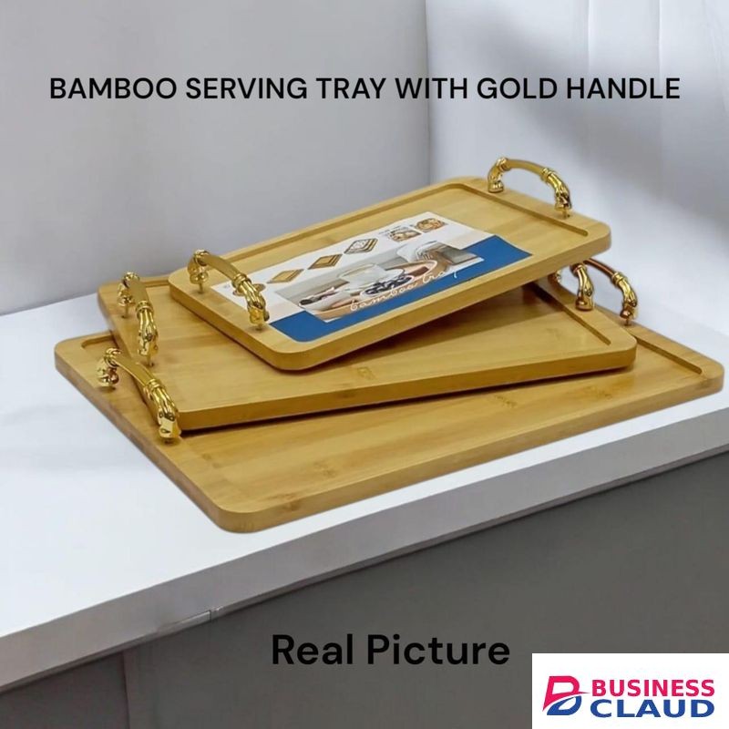 Bamboo Serving Tray Set – 3 Pieces with Gold Handles, Durable, Elegant, Multi-Purpose for Serving & Decor