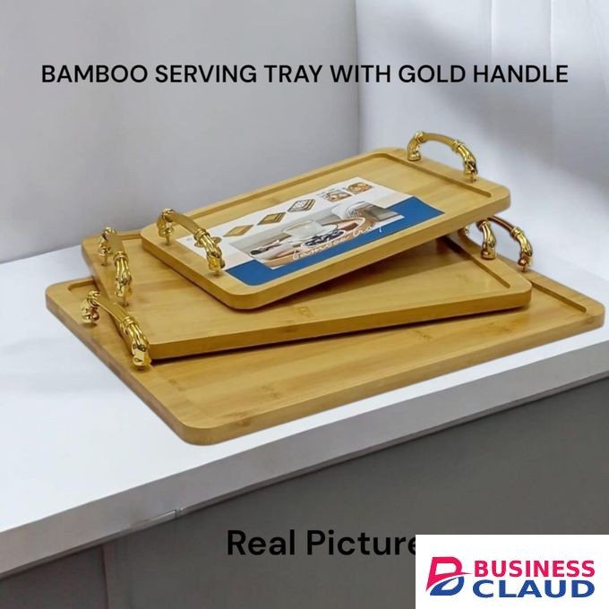Bamboo Serving Tray Set – 3 Pieces with Gold Handles, Durable, Elegant, Multi-Purpose for Serving & Decor
