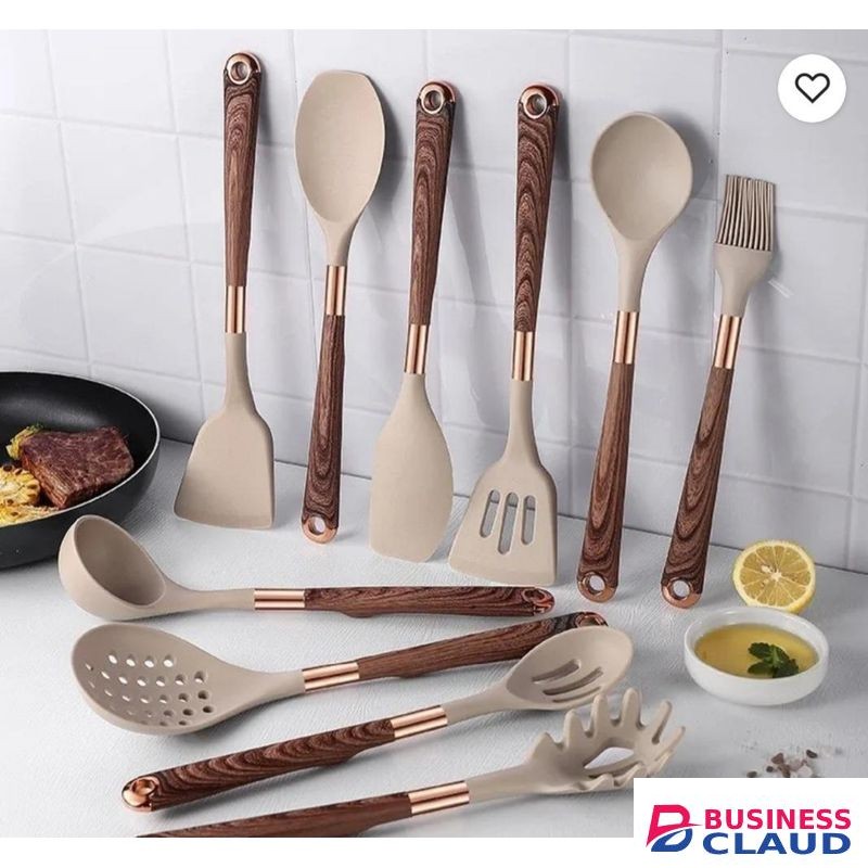 11 Piece Silicone Wood Grain Handle Non-stick Cooking Utensils Set With Storage Bucket
