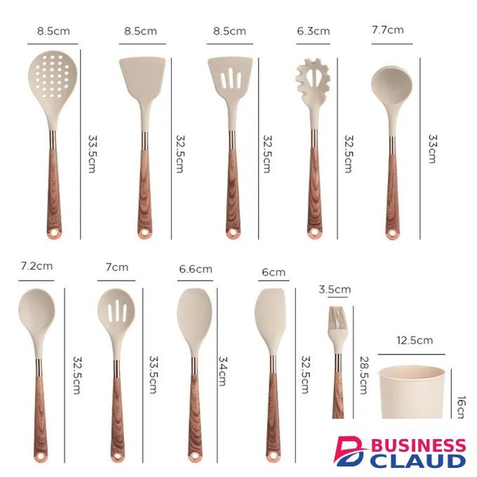 11 Piece Silicone Wood Grain Handle Non-stick Cooking Utensils Set With Storage Bucket