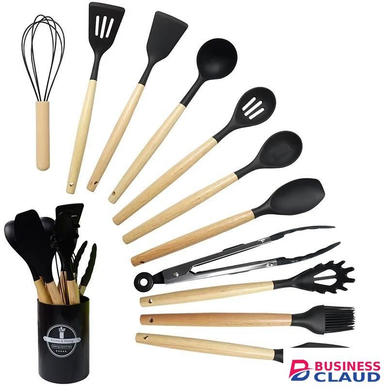 12 Pcs Set Of Cooking Tools Non Stick Pan Storage Bucket Wooden Handle Silicone Kitchenware