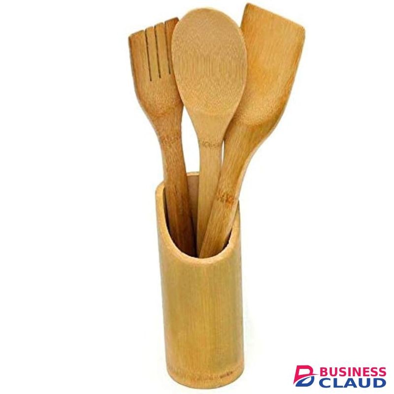 4pc Bamboo Cooking Spoons + Holder