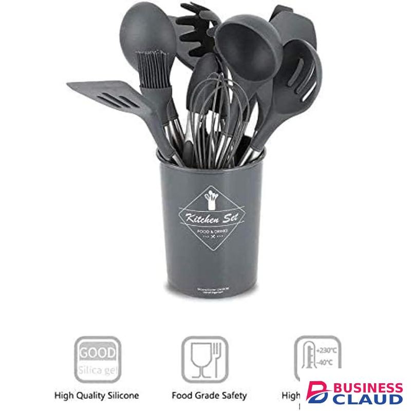 12 Pcs Silicone Kitchen Cooking Utensil Set Silicone Utensil Set for Cooking with Wooden Handle Heat Resistant Wooden Spoons Gadgets Tool for Non-Stick Cookware (Gray)