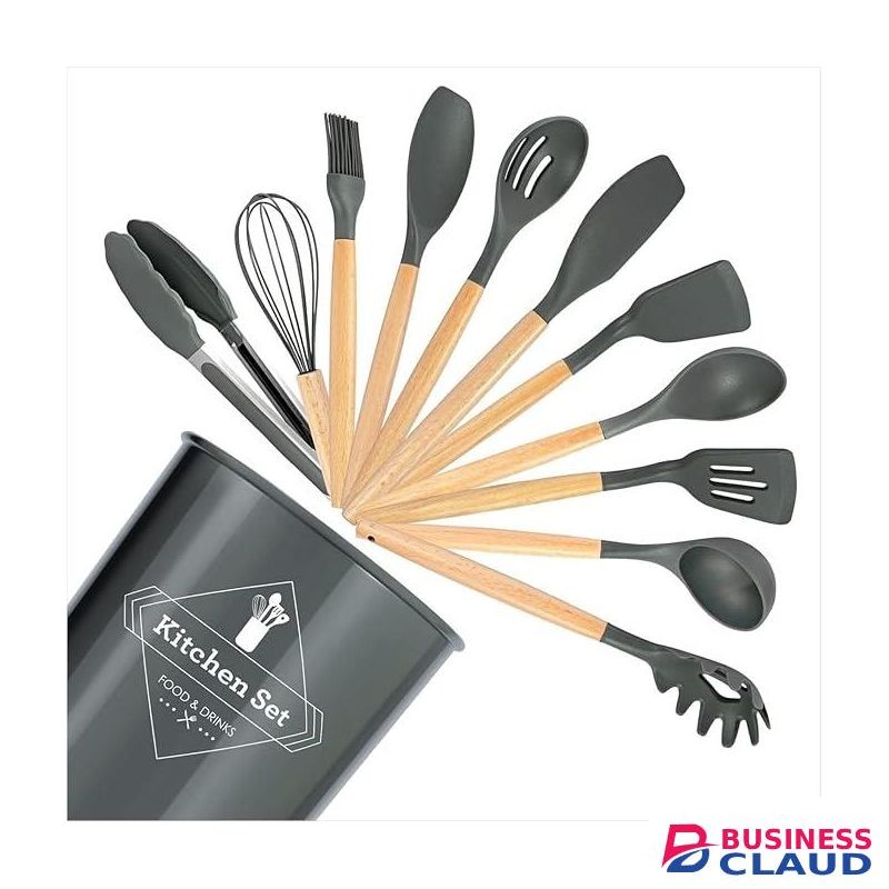 12 Pcs Silicone Kitchen Cooking Utensil Set Silicone Utensil Set for Cooking with Wooden Handle Heat Resistant Wooden Spoons Gadgets Tool for Non-Stick Cookware (Gray)