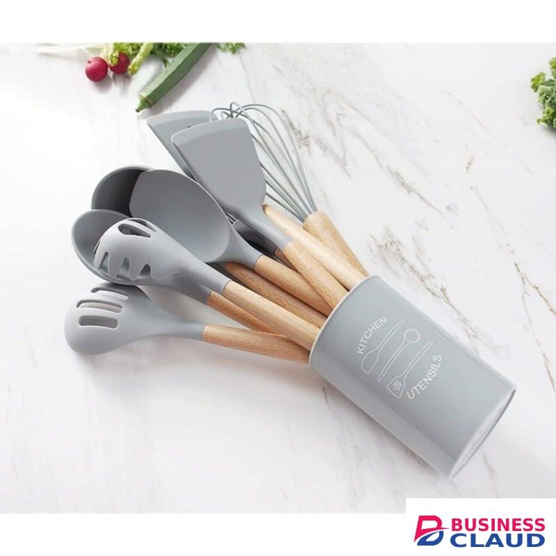 12pcs Non-stick silicone spoon set with wooden handles and Holder