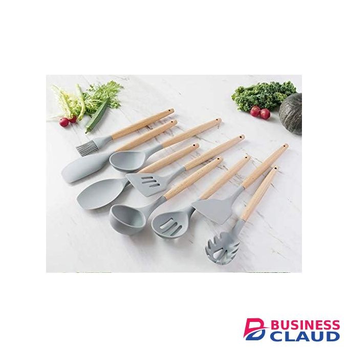 12pcs Non-stick silicone spoon set with wooden handles and Holder