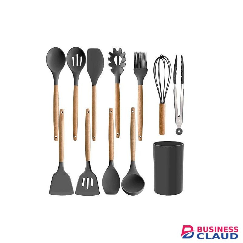 12PCS Nonstick Silicone Spoon Set With Holder & Wooden Handles