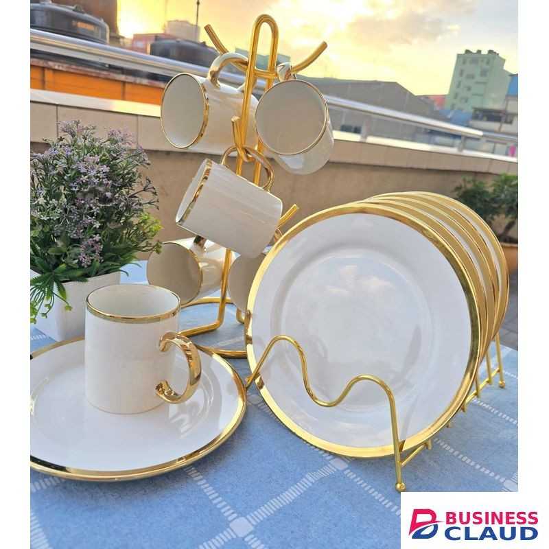 12PC All White and Gold Ceramic Dinner Set - 6 Cups 6 Plates 10.5 Inches