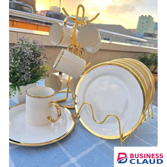 12PC All White and Gold Ceramic Dinner Set - 6 Cups 6 Plates 10.5 Inches