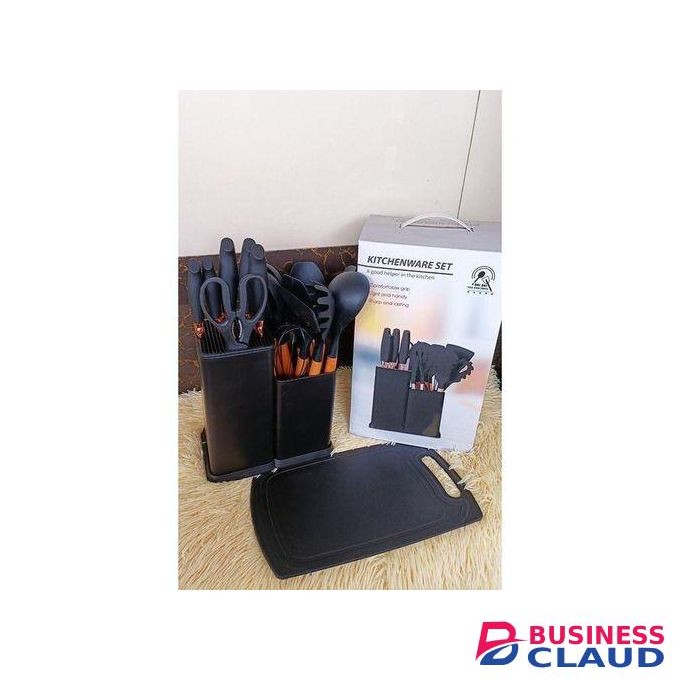 19PCS Non-Stick Silicone Spoons Set - 11 Pieces Spatula Cooking Utensils, 6 Piece Sharp Knife Set 1 Chopping Board and 1 Storage Unit - BLACK