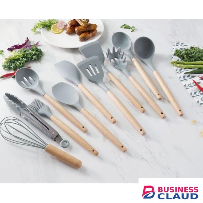 12PCS Of Nonstick & Non-Scratch Silicone Spoon Set With Wooden Handles