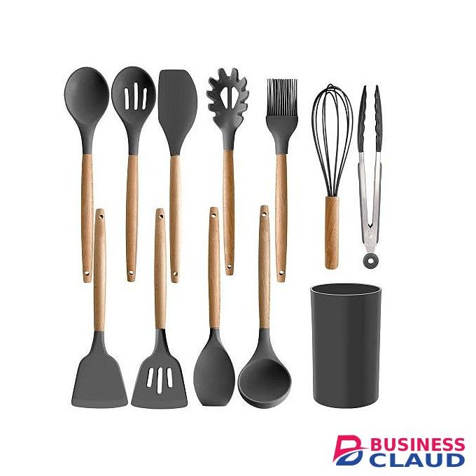 12PCs Nonstick Silicone Spoon set with Wooden Handles Plus Free 6PCs Spice Jar Set with Holding Rack