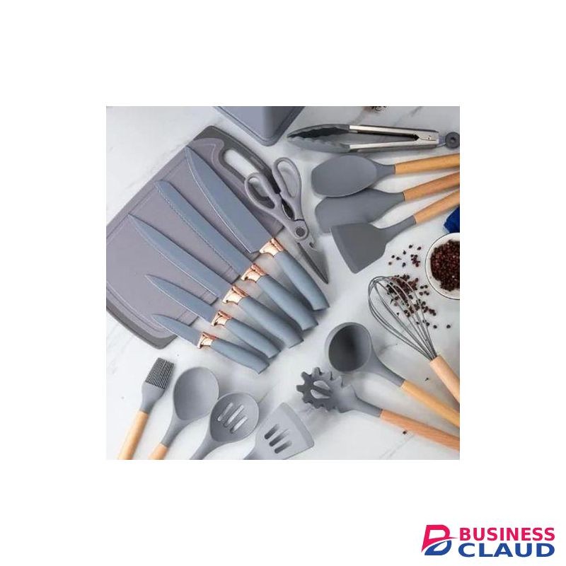19PCs Nonstick Silicone Spoon set with Wooden Handles Plus Free 6PCs Spice Jar Set with Holding Rack