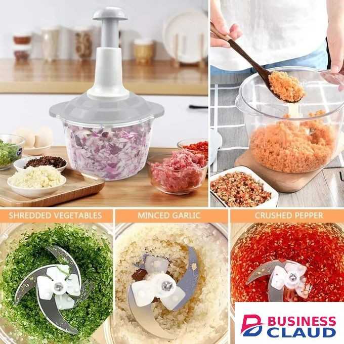 1.5L Manual Food Chopper Processor 4 Blades – Multifunctional with Egg Beater, Grater, Potato Slicer & Safety Lock Silicone Base