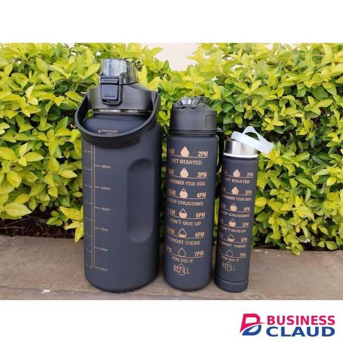 3 in 1 Motivational Bottle Set 2000ml 750ml 280ml – Black Leakproof Hydration Tracker Water Bottles