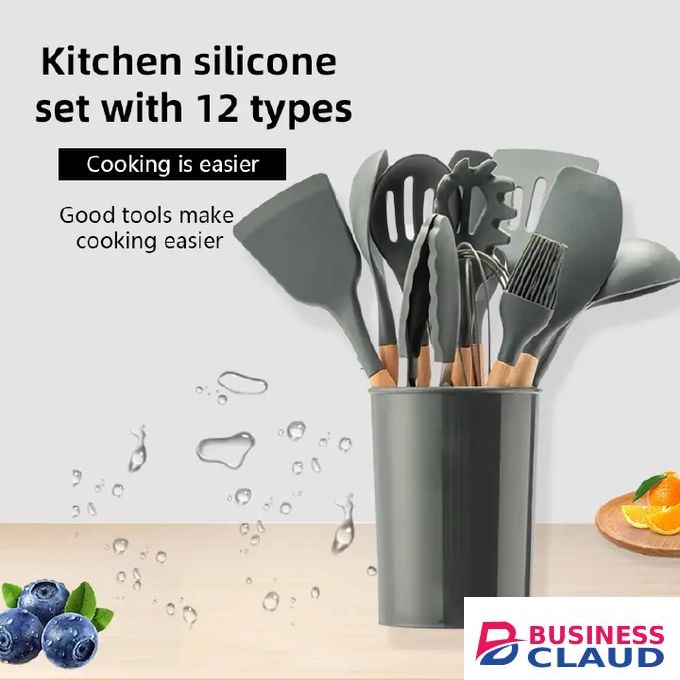 12Pcs Silicone Kitchen Utensils Set with Wooden Handles