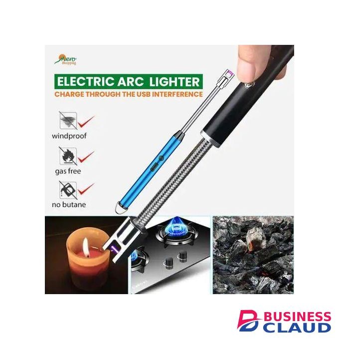 Rechargeable USB Electric Lighter with LED Battery Display – Windproof Flameless Long Neck