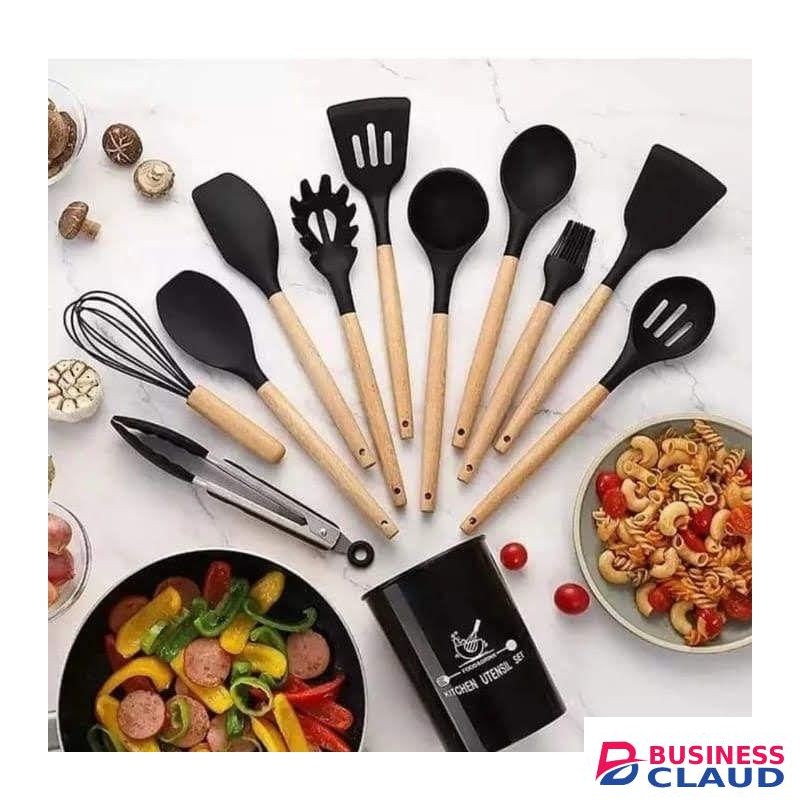12-Piece Premium Silicone Kitchen Utensils Set with Natural Wooden Handles – Heat Resistant, Non-Stick, and BPA-Free Cooking Tools with Storage Bucket Holder