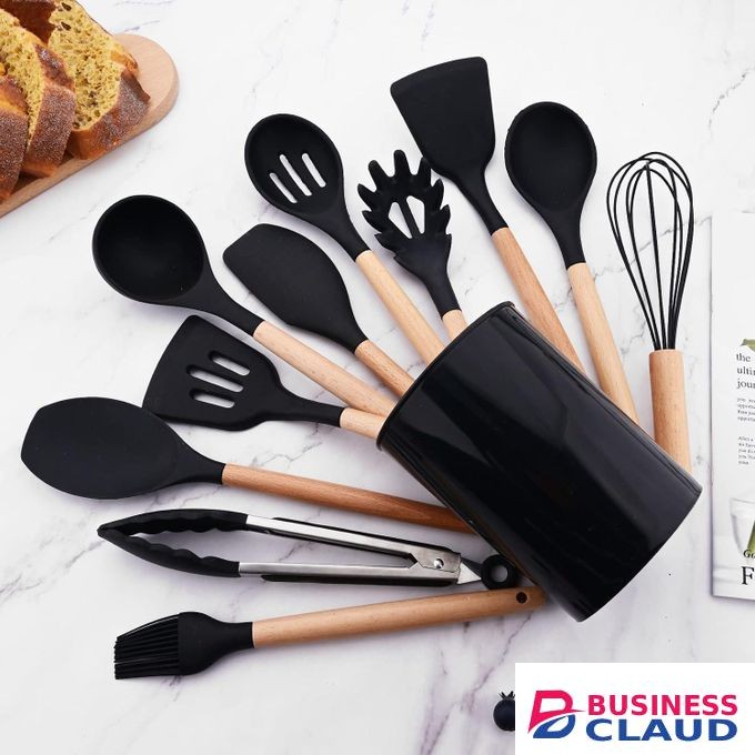 12Pcs Non-stick cookware silicone cooking spoons set with Wooden handle