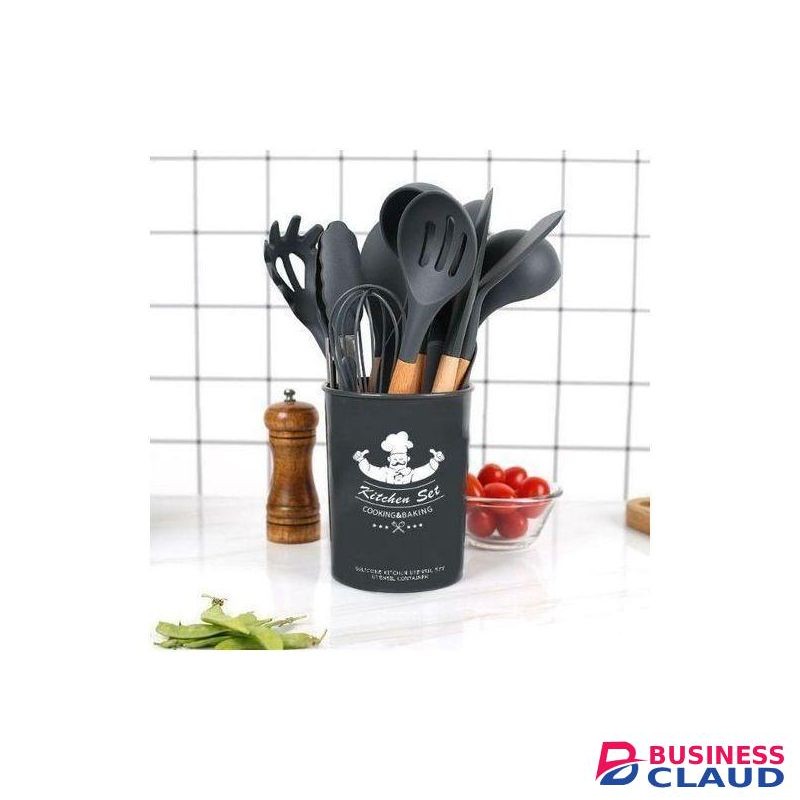 12Pcs Silicone Non-stick Cooking Spoon Set-black