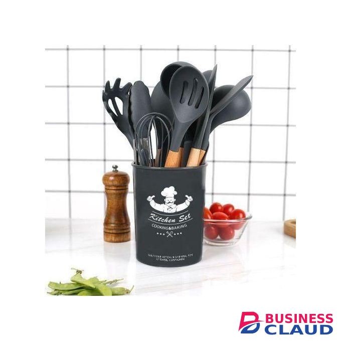 12Pcs Silicone Non-stick Cooking Spoon Set-black