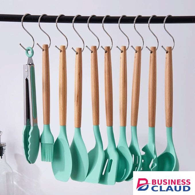 12-Piece Premium Silicone Cooking Utensils Set with Wooden Handles - Heat-Resistant Non-Stick Kitchen Tools with Storage Bucket Holder - BPA-Free Cookware Set