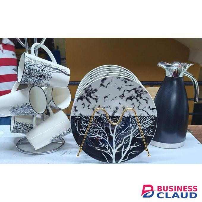 13 pcs dinner sets 6 tree plates 6 tree cups 1 black flask Kindly note cups stand and plates stand not inclusive