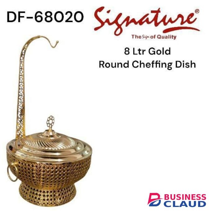 Signature 8 Ltr Gold Plated Round with Lid Holding Stand Cheffing Dish