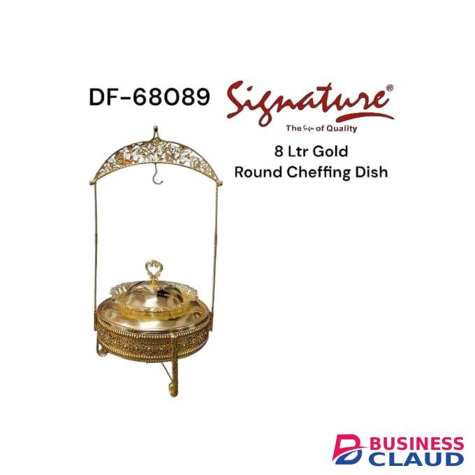 Signature 8 Ltr Gold Plated Round Cheffing Dish with Lid Holding Stand