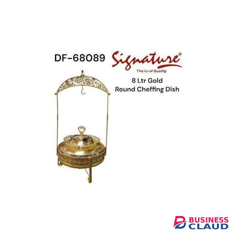 Signature 8 Ltr Gold Plated Round Cheffing Dish with Lid Holding Stand