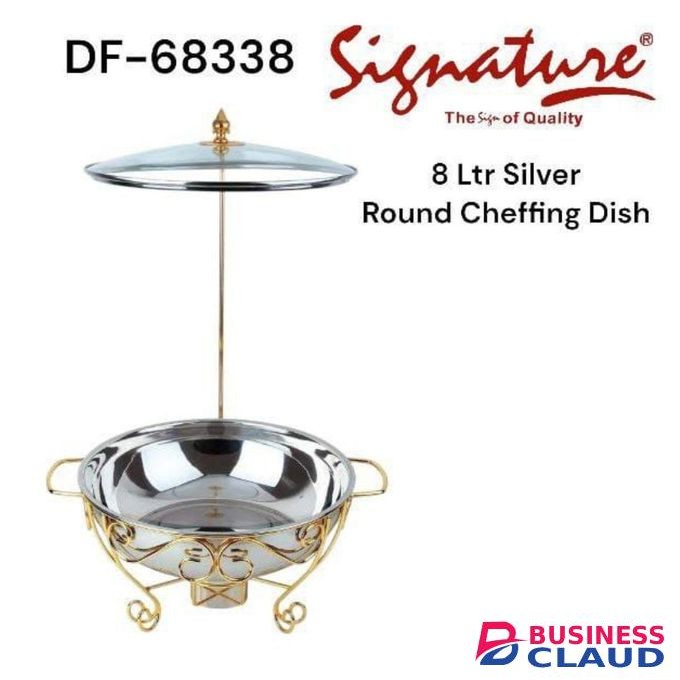 Signature 8Ltr Silver Round Cheffing Dish with Lid Holder for Home or Commercial Use