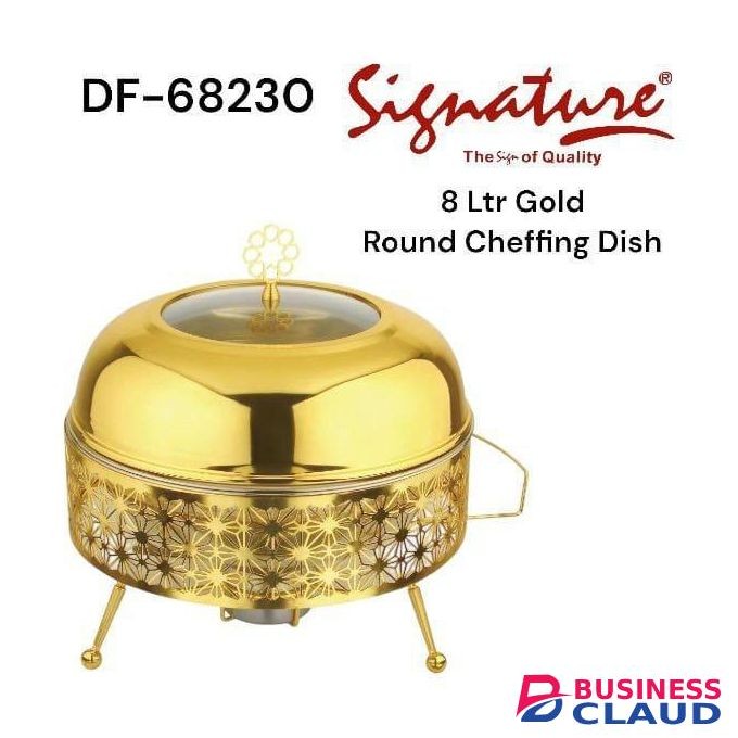 Signature 8Ltr Elegant Design Gold Plated Round Cheffing Dish for Home or Commercial Use