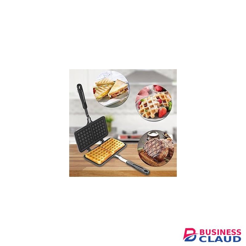 Aluminum Dual Head Waffle Baking Pan with Long Handle, Double Side Non-Stick Stovetop Waffle Maker, Press Plater Pan, Stovetop Waffle Maker Mold