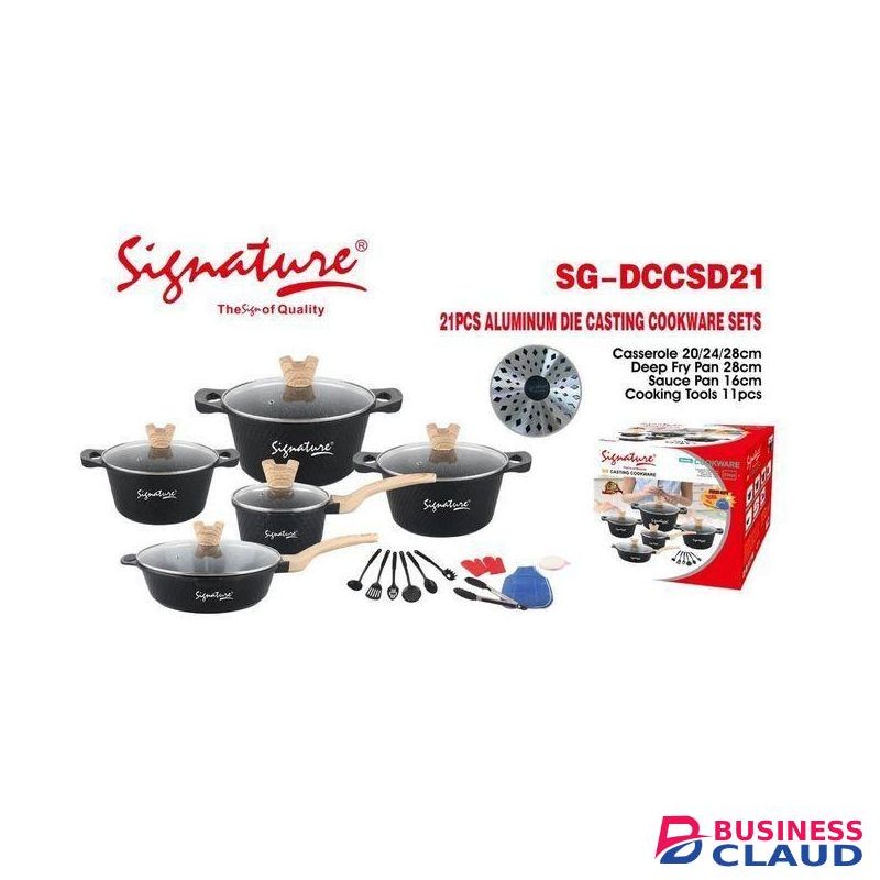 Signature 21 Pcs Non Stick Die Cast Cookware Set sufurias with Cooking pots, glass lids, tools, deep Frying Pan ,Saucepans
