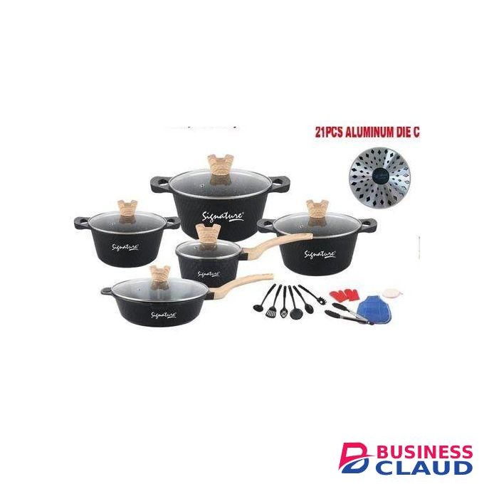 Signature 21 Pcs Non Stick Die Cast Cookware Set sufurias with Cooking pots, glass lids, tools, deep Frying Pan ,Saucepans