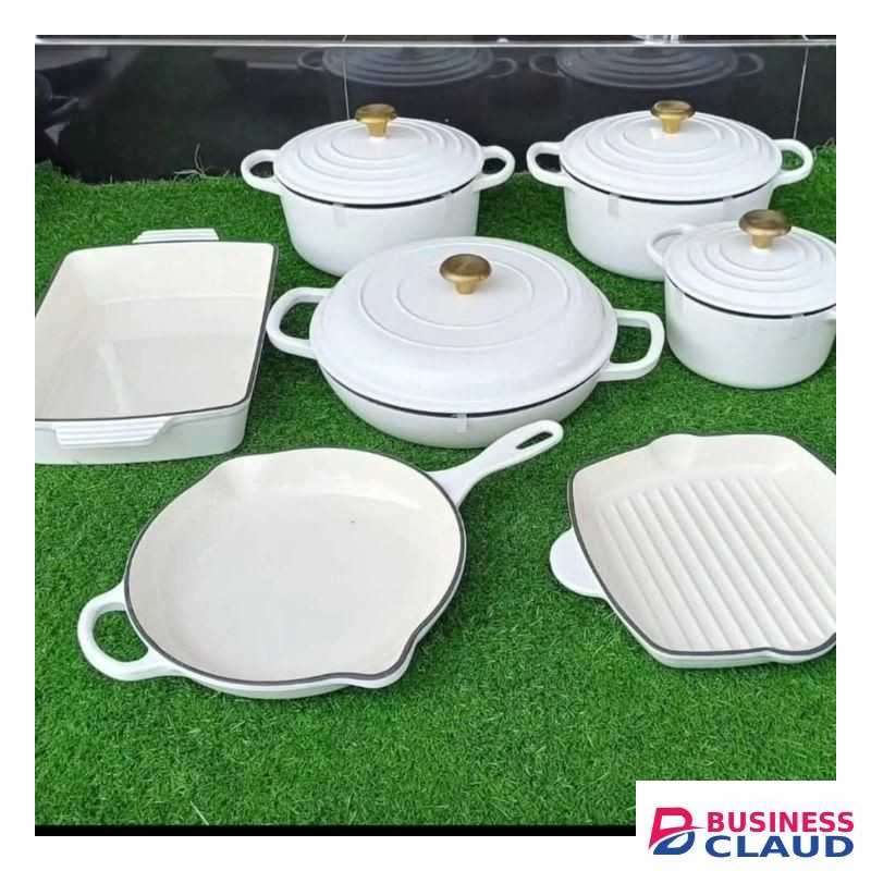 White Eleven set white enamel cast iron cookware cooking pots heavy duty