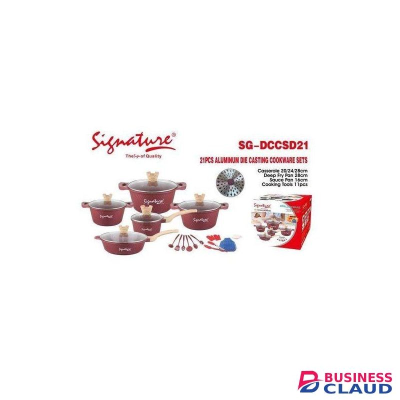 Signature 21 Pcs Heavy Non Stick Die Cast Cookware Set sufurias with Cooking pots, glass lids, tools, deep Frying Pan ,Saucepans