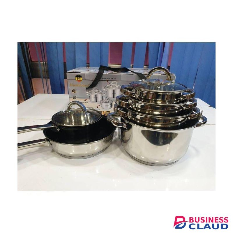 12-Piece Stainless Steel Cookware Set – Polished Finish with Tempered Glass Lids