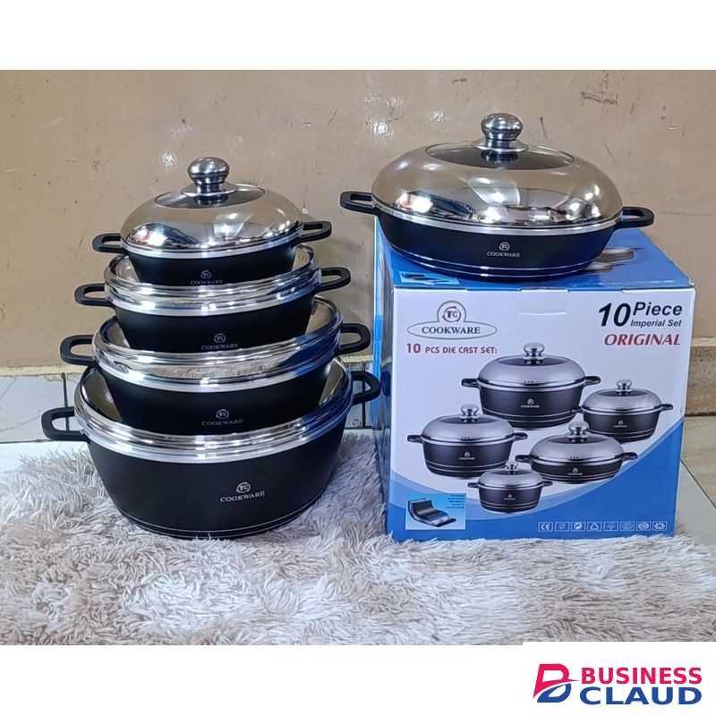 10 Pieces Premium Black Nonstick Die-Cast Cooking Pots Set With Transparent Lids