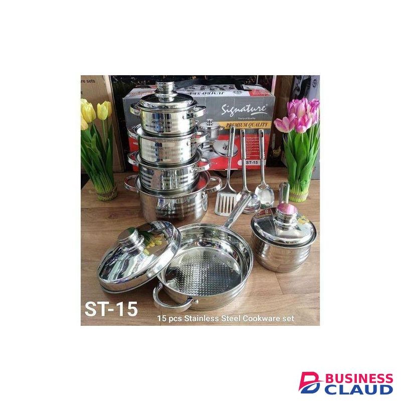 Signature 15Pcs Premium Stainless Steel Cookware Set – Induction Base Sufurias with Stainless Steel Lids