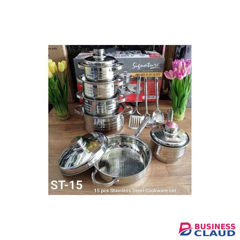 Signature 15Pcs Premium Quality Induction Base Sufurias. Stainless Steel Cookware Set With Stainless Steel Cooking Pots and Lids. (6 Cooking Pots + 6 Lids + 3 Serving Spoons).